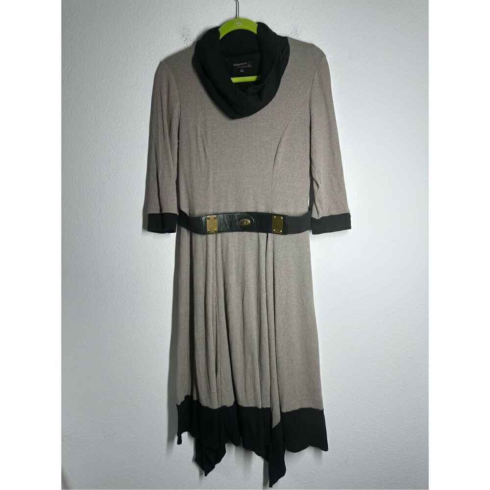 Signature By Robbie Bee Belted Lined Knit Asymmetrical Hem Beige Dress Size L